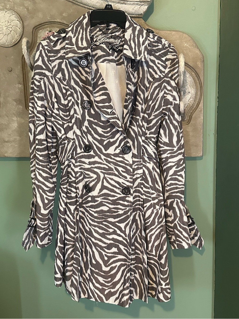 Guess Zebra-Print Double-Breasted Trench Coat - Brown & White